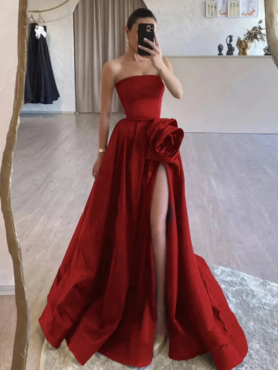 Strapless Satin Long Prom Dress With High Split