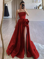 Strapless Satin Long Prom Dress With High Split