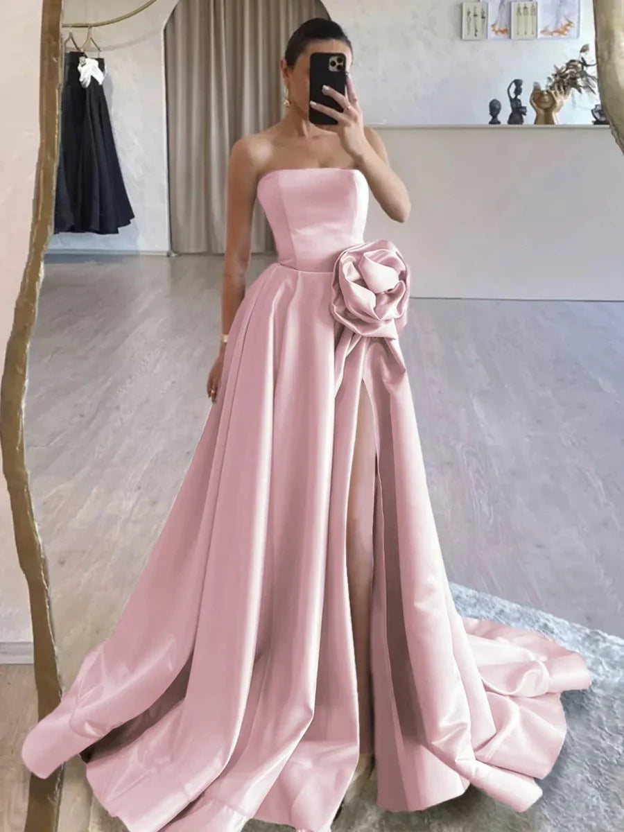 Strapless Satin Long Prom Dress With High Split