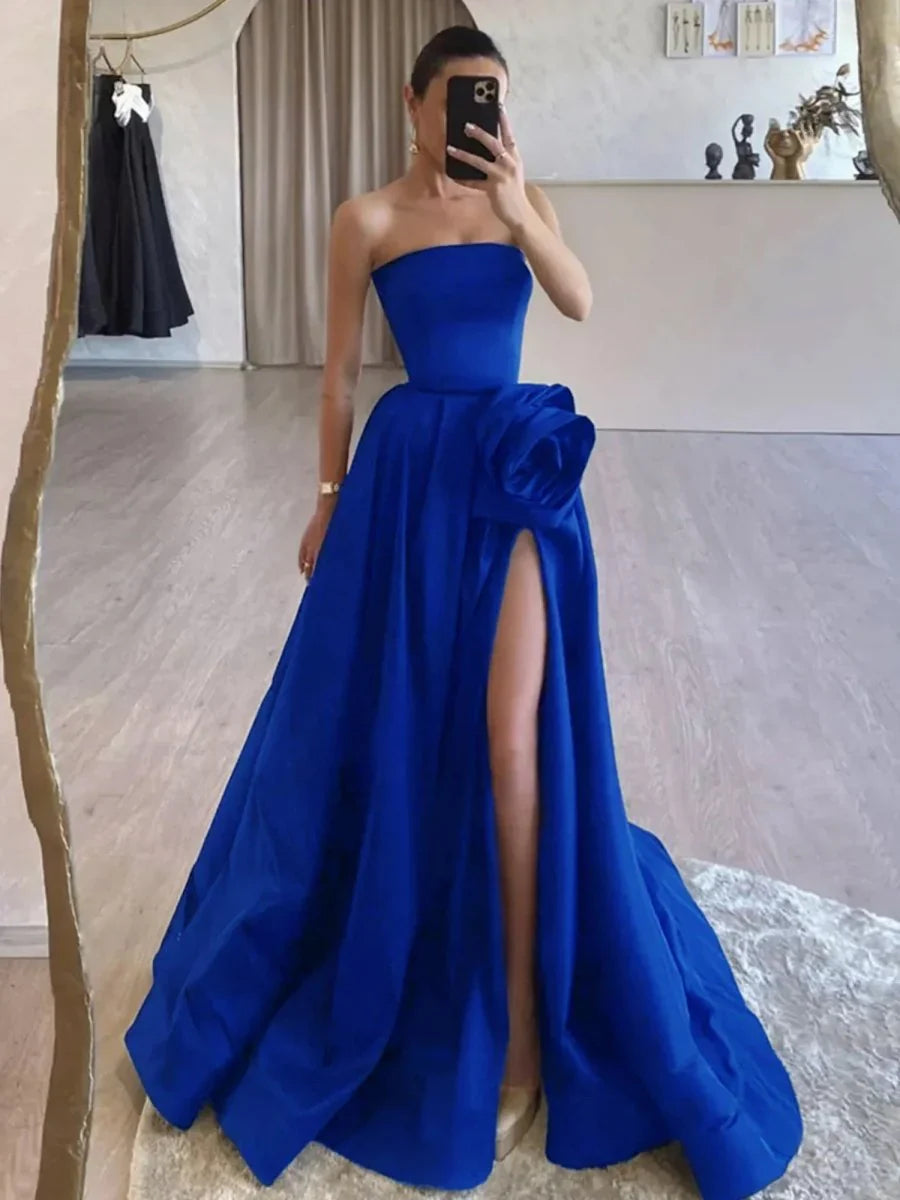 Strapless Satin Long Prom Dress With High Split