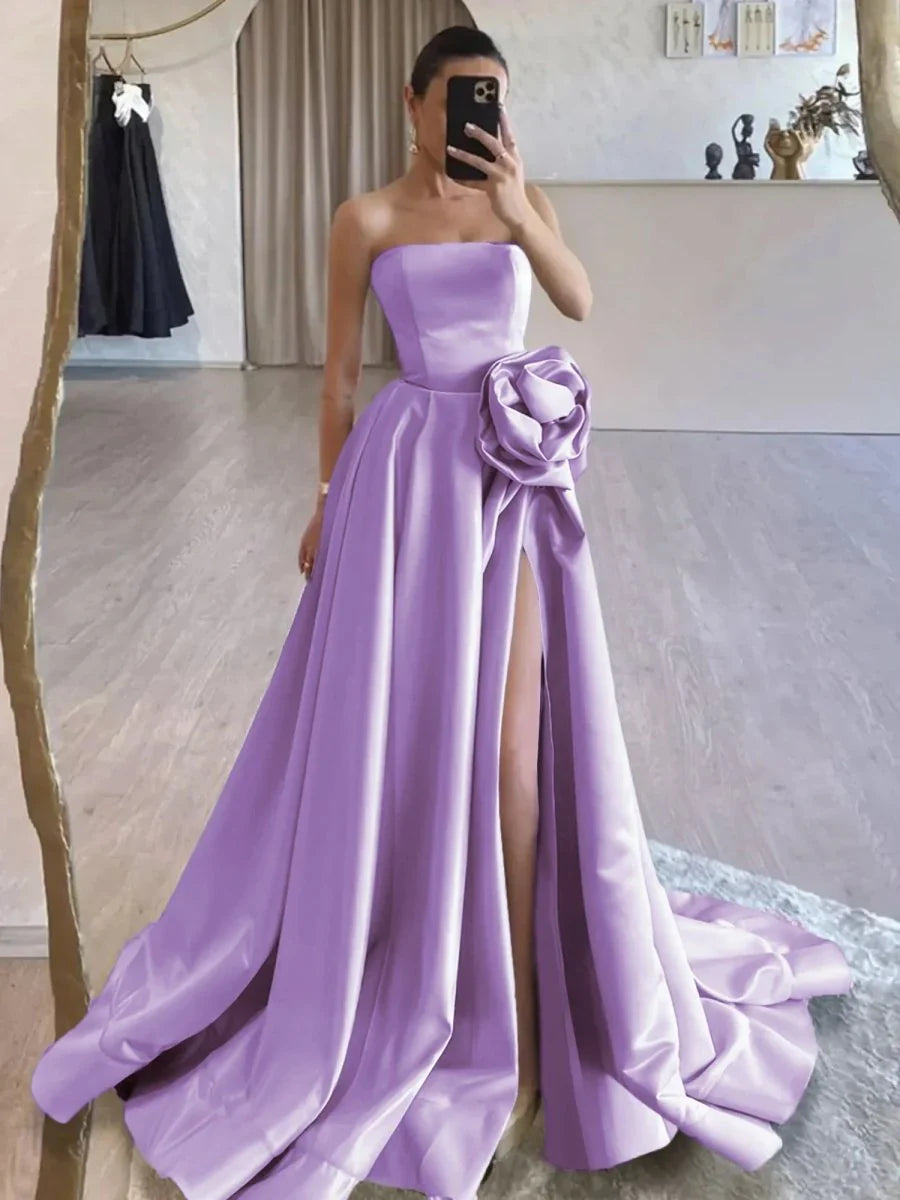 Strapless Satin Long Prom Dress With High Split