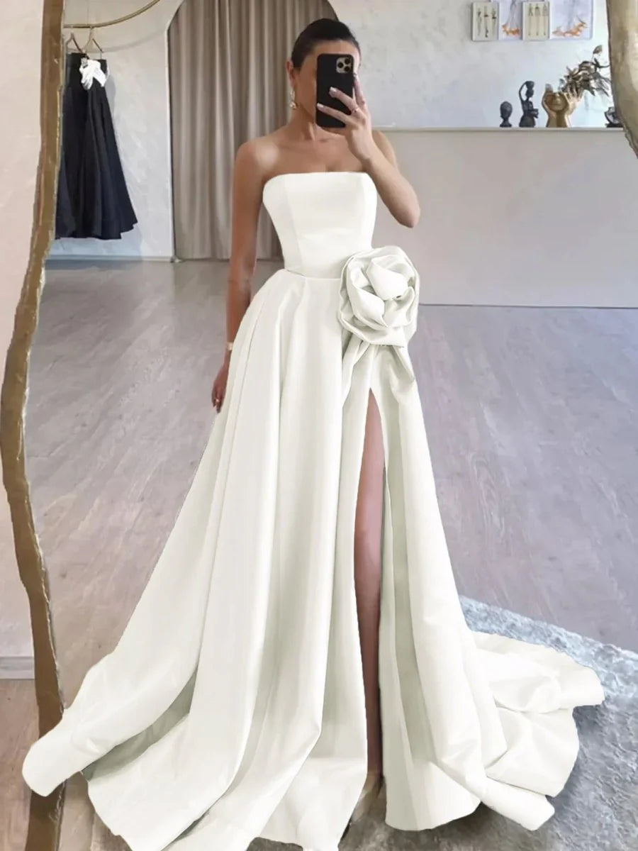 Strapless Satin Long Prom Dress With High Split