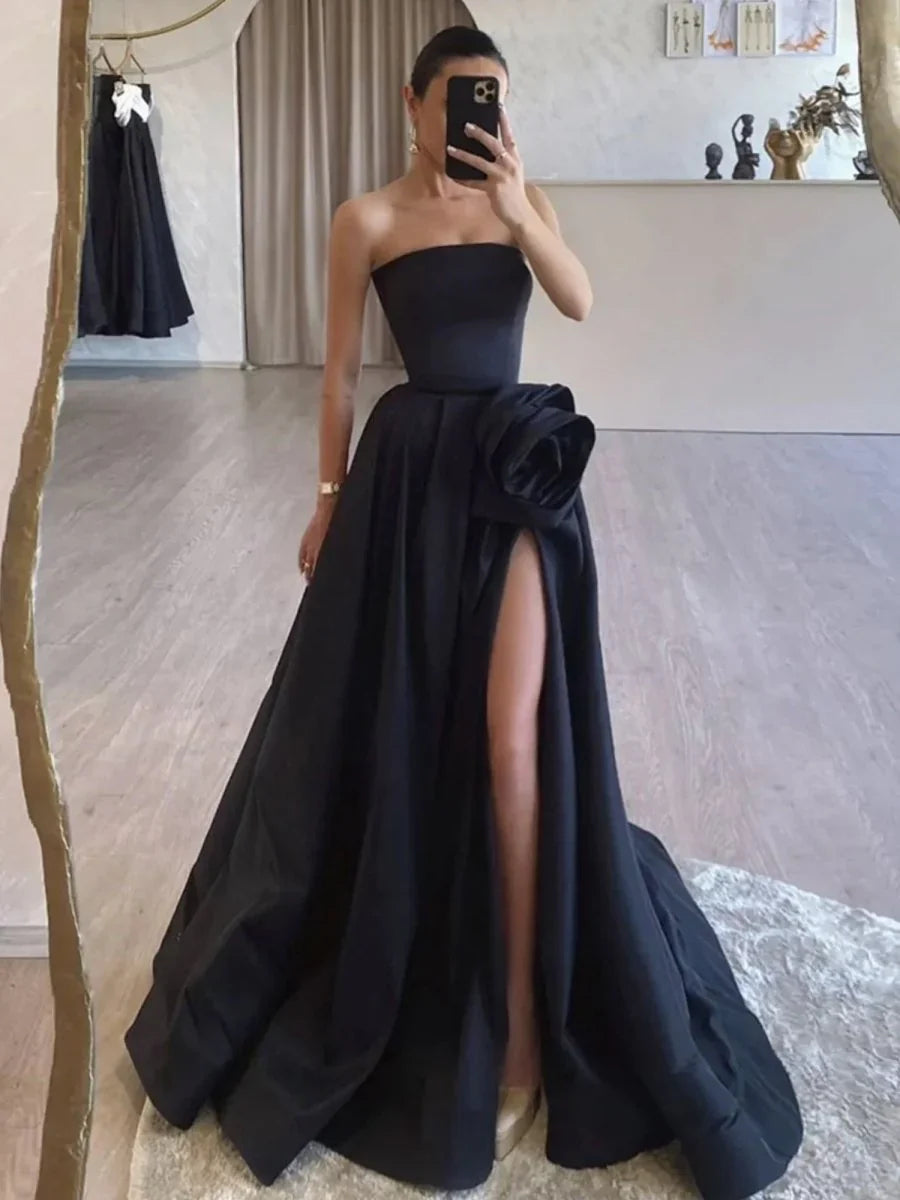Strapless Satin Long Prom Dress With High Split