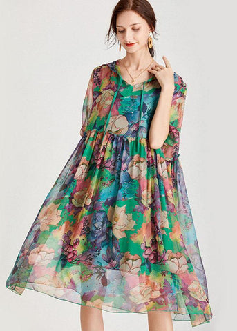 Vestido veraniego de gasa verde holgado con capucha y media manga para vacaciones 
