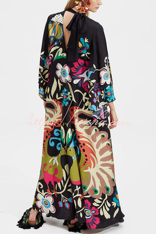 Shine The Light Unique Printed High Neck Bell Sleeve Loose Maxi Dress