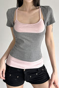 Color Contrast Two Piece Slim Blouse