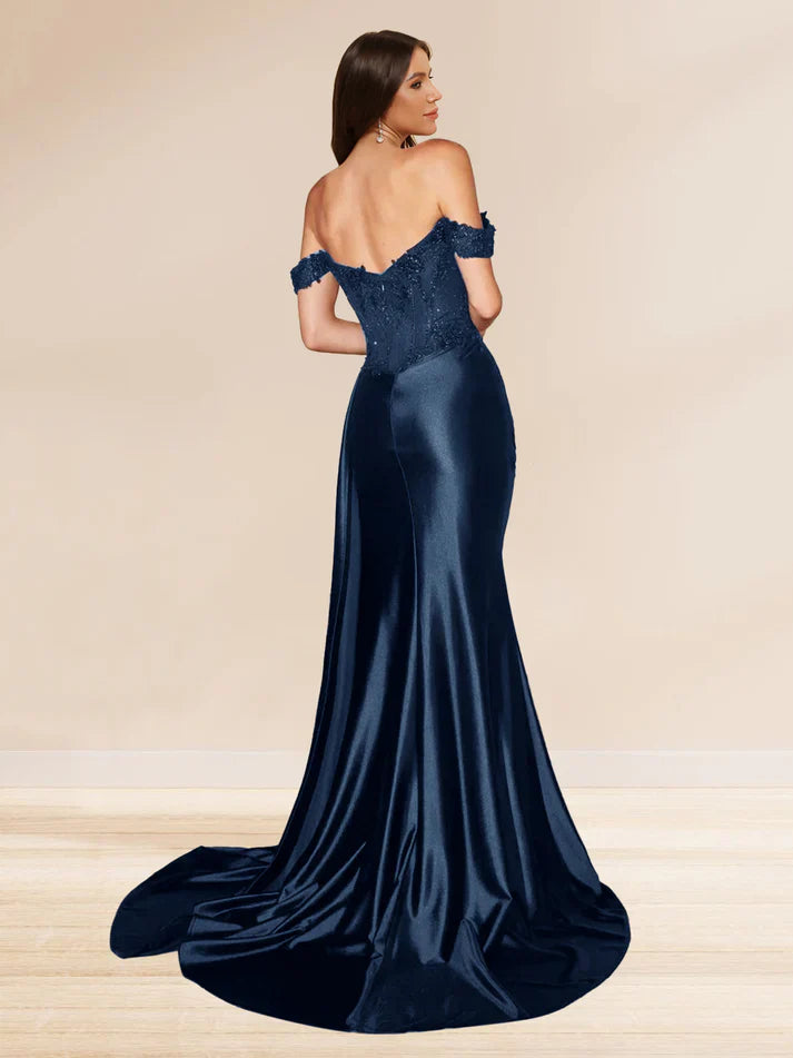 Meerjungfrauen-Abendkleid mit schulterfreiem Ausschnitt, Schleppe, Pailletten und Seitenschlitz