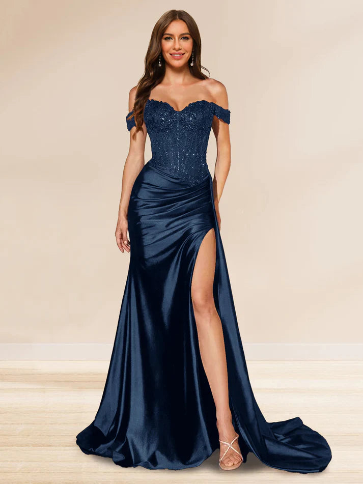 Meerjungfrauen-Abendkleid mit schulterfreiem Ausschnitt, Schleppe, Pailletten und Seitenschlitz