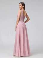 A-Line V-Neck Sleeveless Long Chiffon Dresses with Lace Appliques