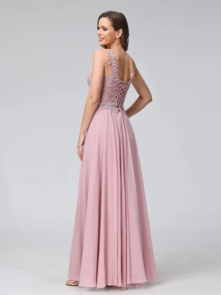 A-Line V-Neck Sleeveless Long Chiffon Dresses with Lace Appliques