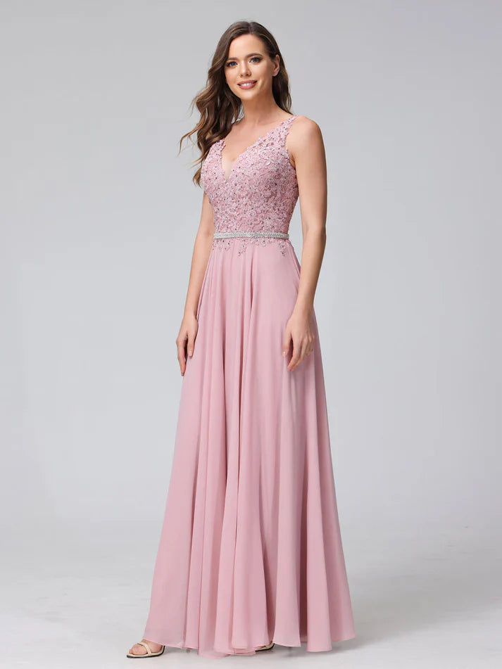 A-Line V-Neck Sleeveless Long Chiffon Dresses with Lace Appliques