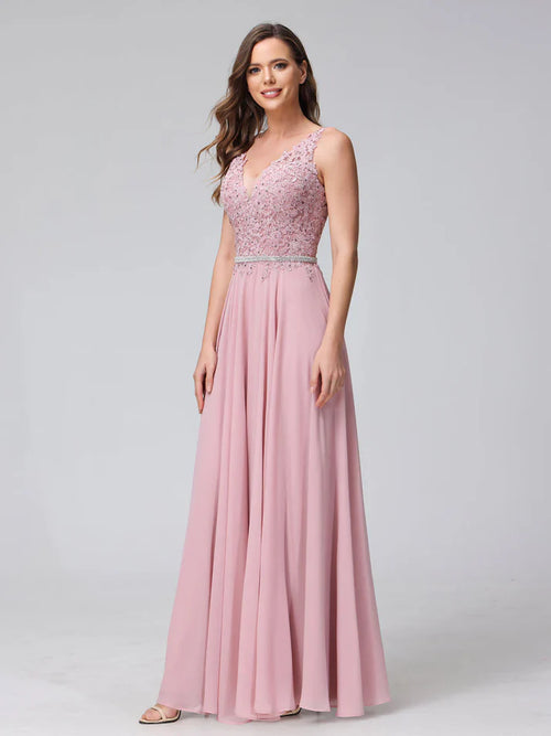 A-Line V-Neck Sleeveless Long Chiffon Dresses with Lace Appliques
