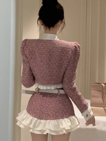 Y2K Tweed 2-teiliges Set für Frauen, Kurzjacke, Mantel + Minirock, Anzüge mit Gürtel, Herbst/Winter, hochwertige koreanische schicke Outfits 