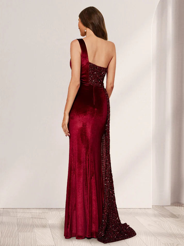 Vestidos de noche de terciopelo con un solo hombro y lentejuelas hasta el suelo