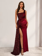 Vestidos de noche de terciopelo con un solo hombro y lentejuelas hasta el suelo