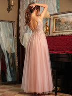 A-Line V-Neck Tulle Split Side Applique Long Prom Dresses