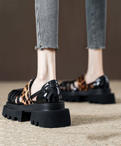 Platform Black Leopard Roman Sandals 2025 New Hollow Out Design
