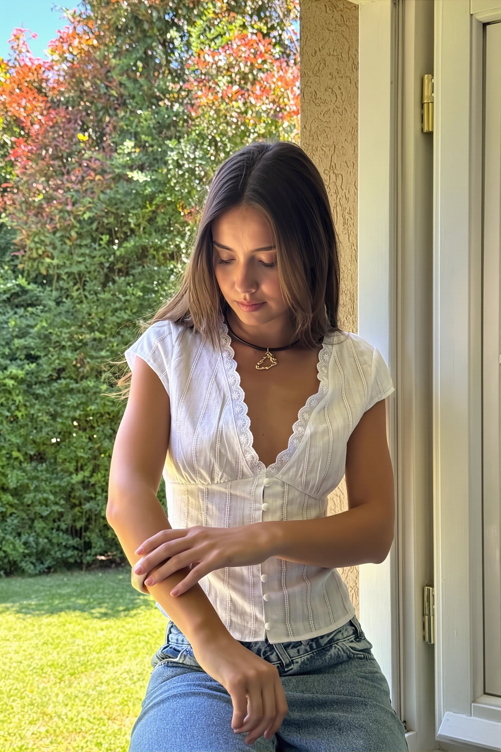Embroidered Ruffle V-Neck Crop Blouse