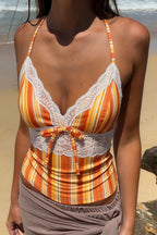 Lace Spliced Orange Striped Halter Top