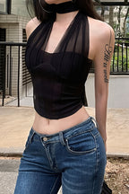 Solid Cropped Boned Halter Neck Sexy Backless Halter Top