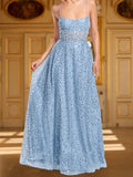 A-Line Straps Cowl Neck Sequin Prom Dresses with Split Side
