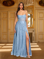 A-Line Straps Cowl Neck Sequin Prom Dresses with Split Side