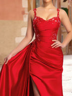 Mermaid Straps Pleated Prom Dresses with Sequin Appliques