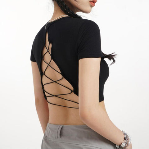 Women's O-neck Backless T-shirt Short Sleeve Solid Color Crop Top Summer Cute Baby Tee Y2K Clothes Skinny Tunics Fashion Tops