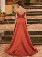 Vestidos de fiesta con escote en A, hombros descubiertos, mangas cortas y diamantes de imitación