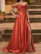 Vestidos de fiesta con escote en A, hombros descubiertos, mangas cortas y diamantes de imitación