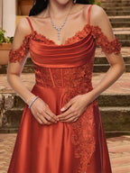 Vestidos de fiesta con escote en A, hombros descubiertos, mangas cortas y diamantes de imitación