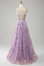 Vestido de fiesta de tul color malva con abertura frontal y tirantes finos en forma de A