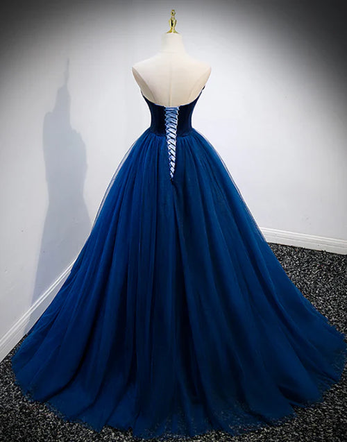 A-Line Princess Sweetheart Tulle and Velvet Long Party Dress Evening Dress Prom Dress
