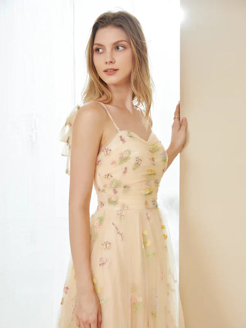 A-Line Tulle Embroidery Long Prom Dresses with Spaghetti Straps