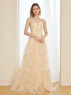 A-Line Tulle Embroidery Long Prom Dresses with Spaghetti Straps