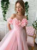 Vestido rosa con flores en los hombros-1
