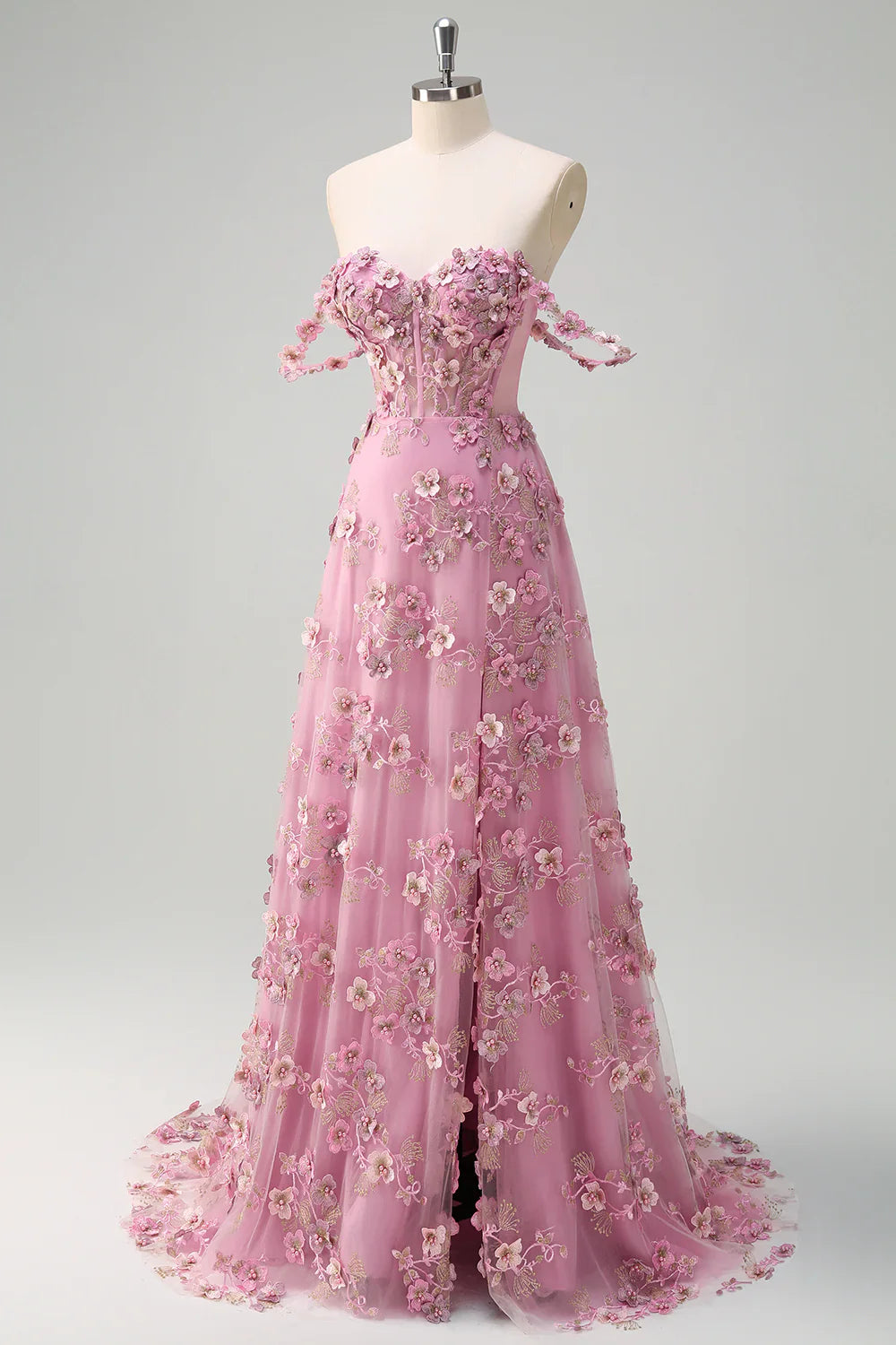 A-Line Off The Shoulder Corset Long Prom Dress with Slit
