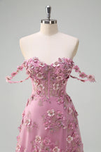 A-Line Off The Shoulder Corset Long Prom Dress with Slit