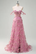 A-Line Off The Shoulder Corset Long Prom Dress with Slit