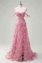 A-Line Off The Shoulder Corset Long Prom Dress with Slit