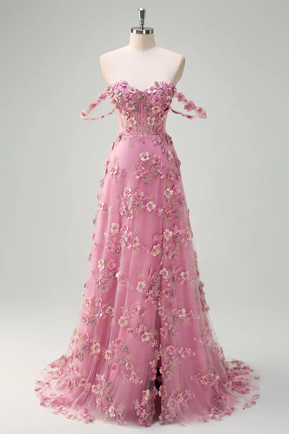 A-Line Off The Shoulder Corset Long Prom Dress with Slit