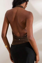 Glitter Solid Sheer Draped Halter Top