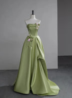 A-Linien-Ballkleid aus Satin mit Blumen, langes Abendkleid, Ballkleid aus Satin