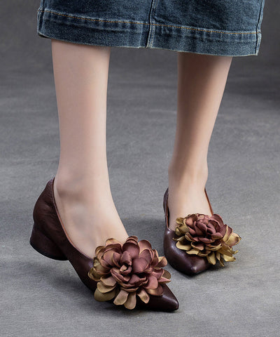 Retro Kamel Blumen Spitzschuh Rindsleder Flache Schuhe 
