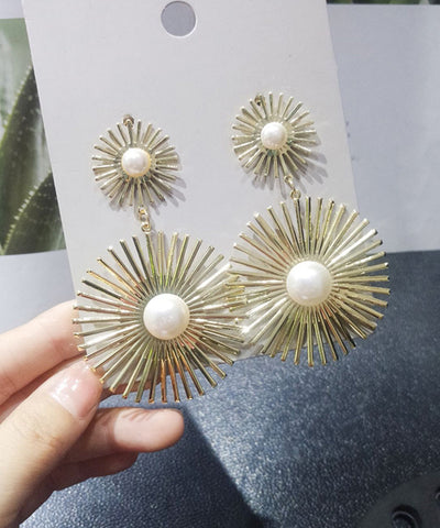 Pendientes colgantes geométricos circulares de perla de metal dorado de gran tamaño 