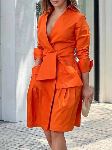 Long Sleeves Solid Color Tied Waist Deep V-Neck Mini Dresses