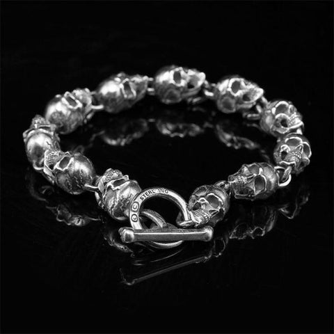 Sterling Silver Punk Skulls Link Chain Bracelet