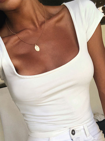 Women Petite Cap Sleeve Square Neck Crop T-shirt