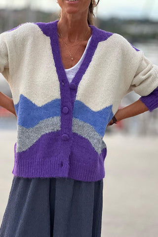 Paneled Color Contrast Lapel Knit Cardigan