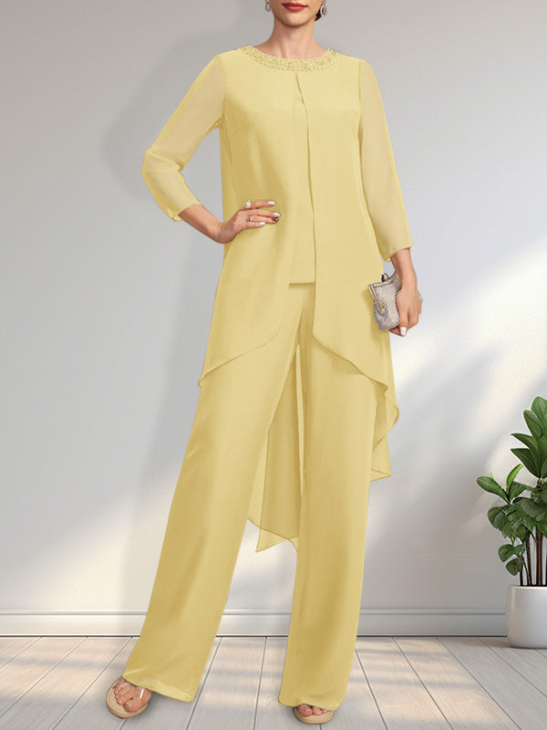 Vestido de gasa para madre de la novia, con escote redondo y largo hasta el suelo, con lentejuelas y abalorios, estilo mono/pantalón.